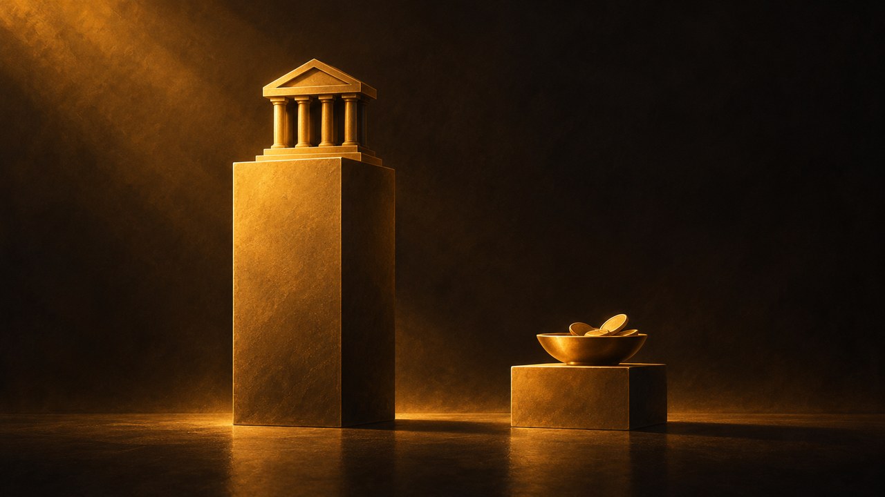 Two gold steps at different heights, with a bank on the taller step and a small bowl of coins on the lower one.