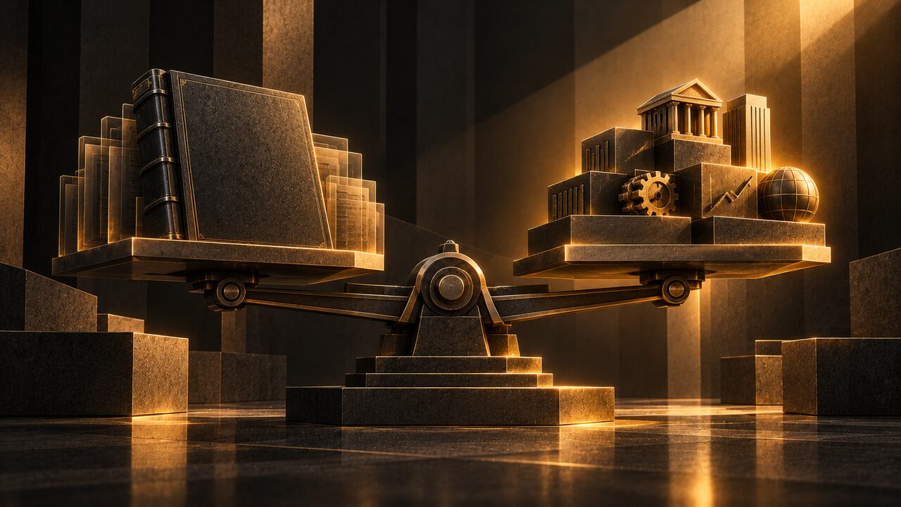 Illustration of a balance scale weighing a large bound book and stacked documents against a cluster of building blocks with a classical bank facade, a gear, a rising arrow and a globe.