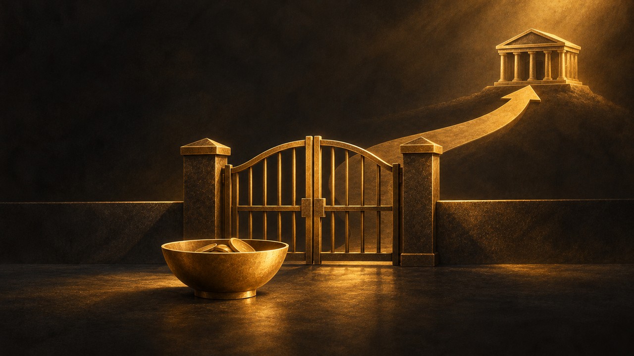 A closed gold gate blocking a corporate cash bowl from a rising arrow and bank.