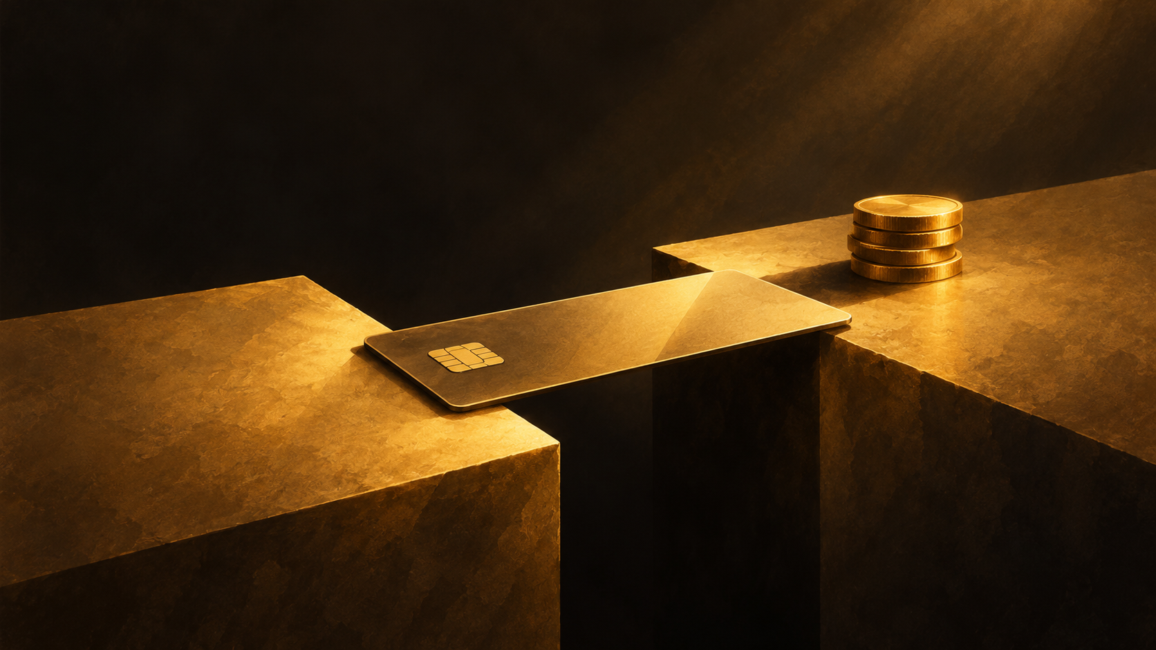 A gold payment card bridging two separated blocks, with coins stacked at one end.