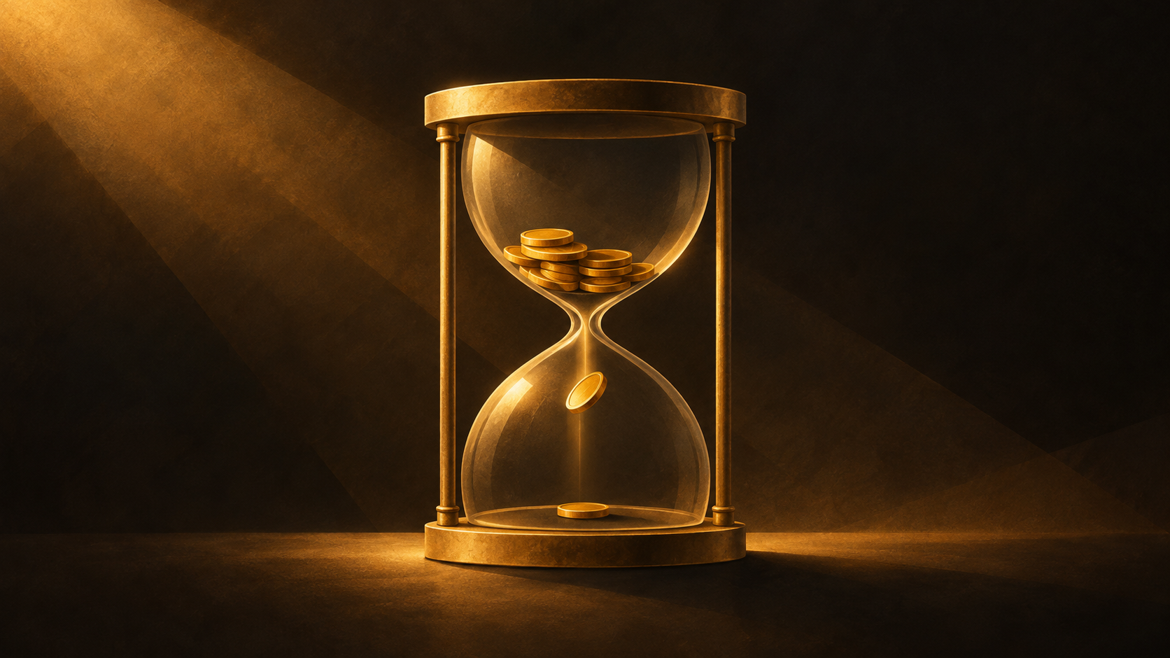 A gold hourglass holding coins above a nearly empty lower chamber.