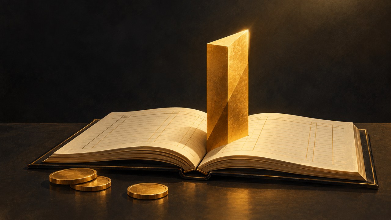 An open financial ledger showing a single tall gold profit column beside a small group of coins.