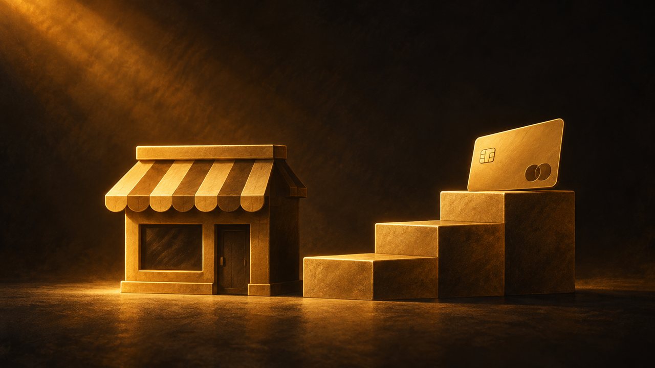 A small gold shopfront beside rising gold steps with a payment card on the top step.