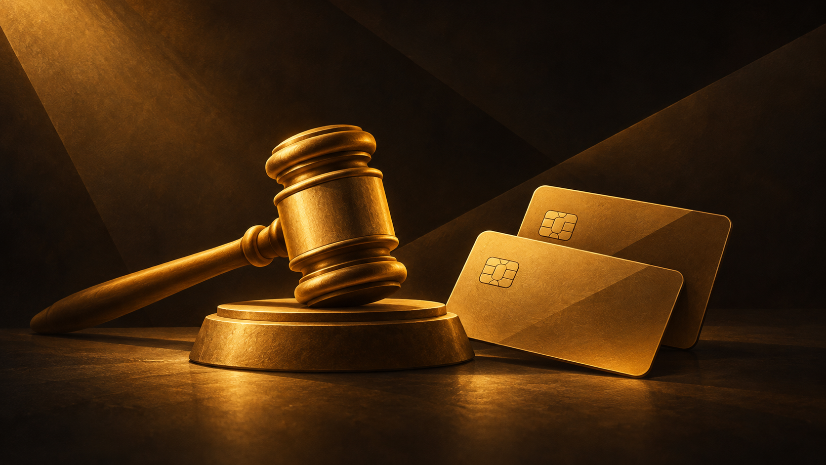 A gold judge’s gavel beside two plain payment cards.