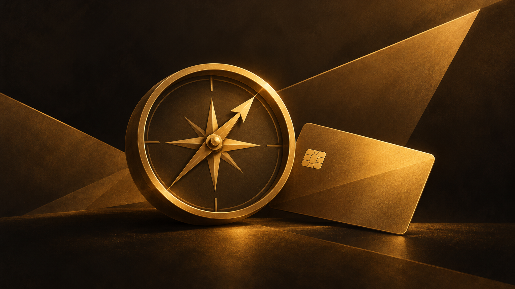 A gold compass beside a plain payment card.