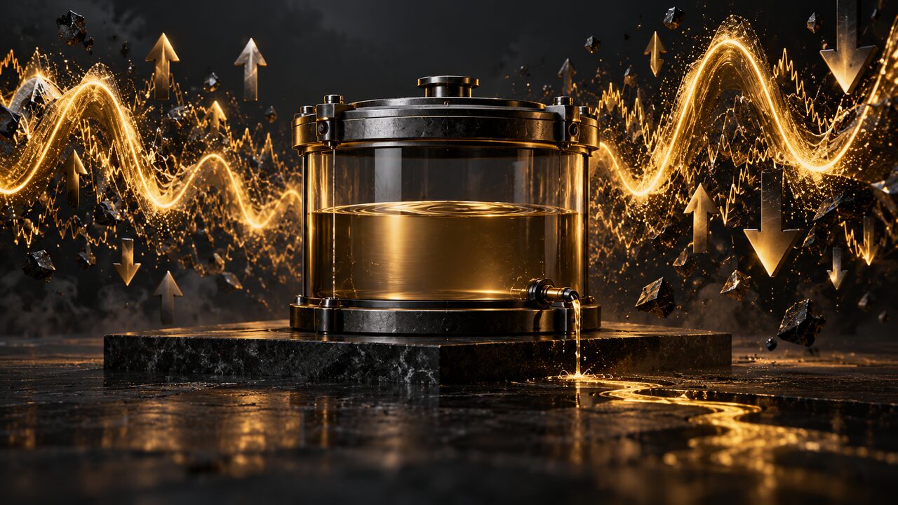 Illustration of a sealed glass cylinder of gold liquid on a stone plinth, leaking from a small tap, surrounded by glowing gold waves, up and down arrows and scattered dark fragments.