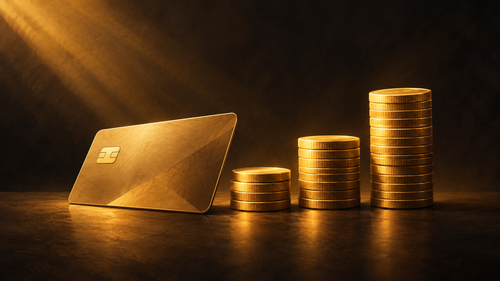 A plain gold payment card beside three rising stacks of coins.
