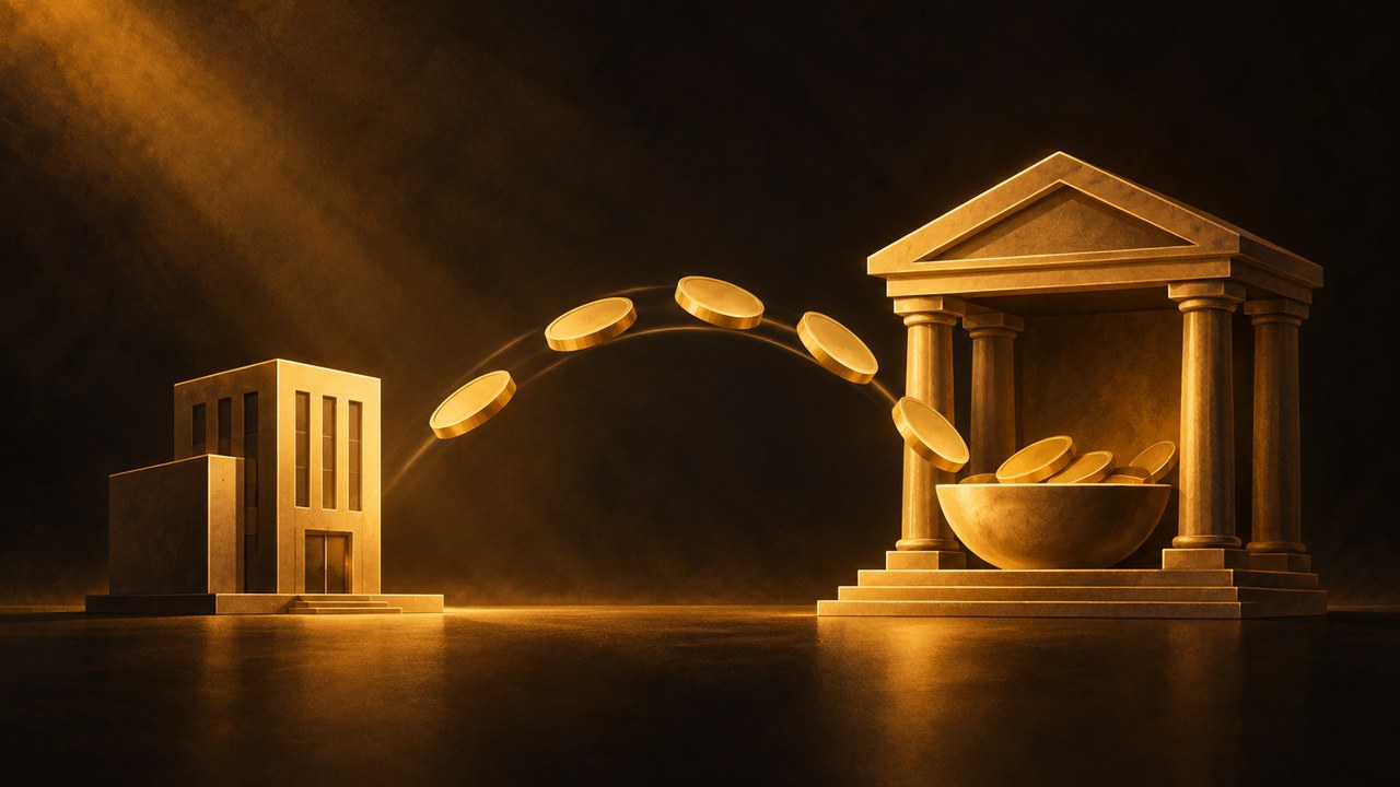 Gold coins passing from a corporate building into a bowl beneath a larger bank.