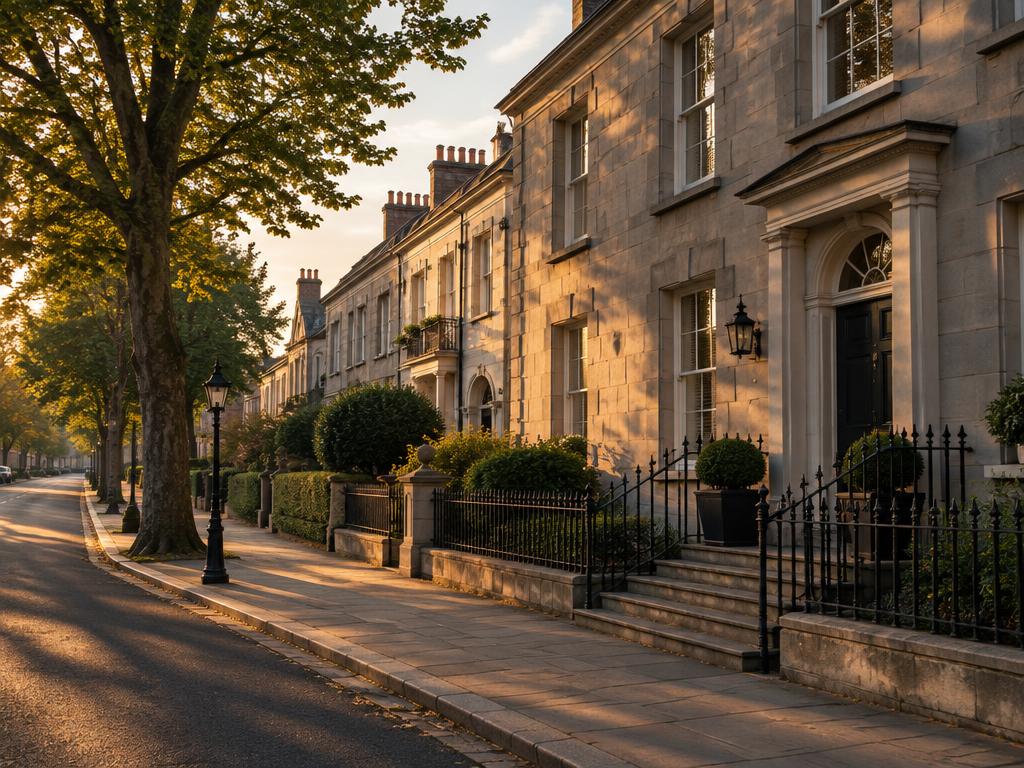 Georgian stone townhouses on a quiet Dublin street in late afternoon light